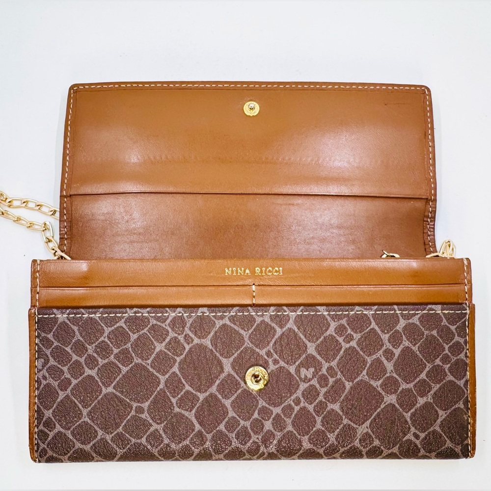 Nina Ricci Large Brown Leather Animal Print Wallet W/Optional Crossbody Chain - Picture 4 of 12